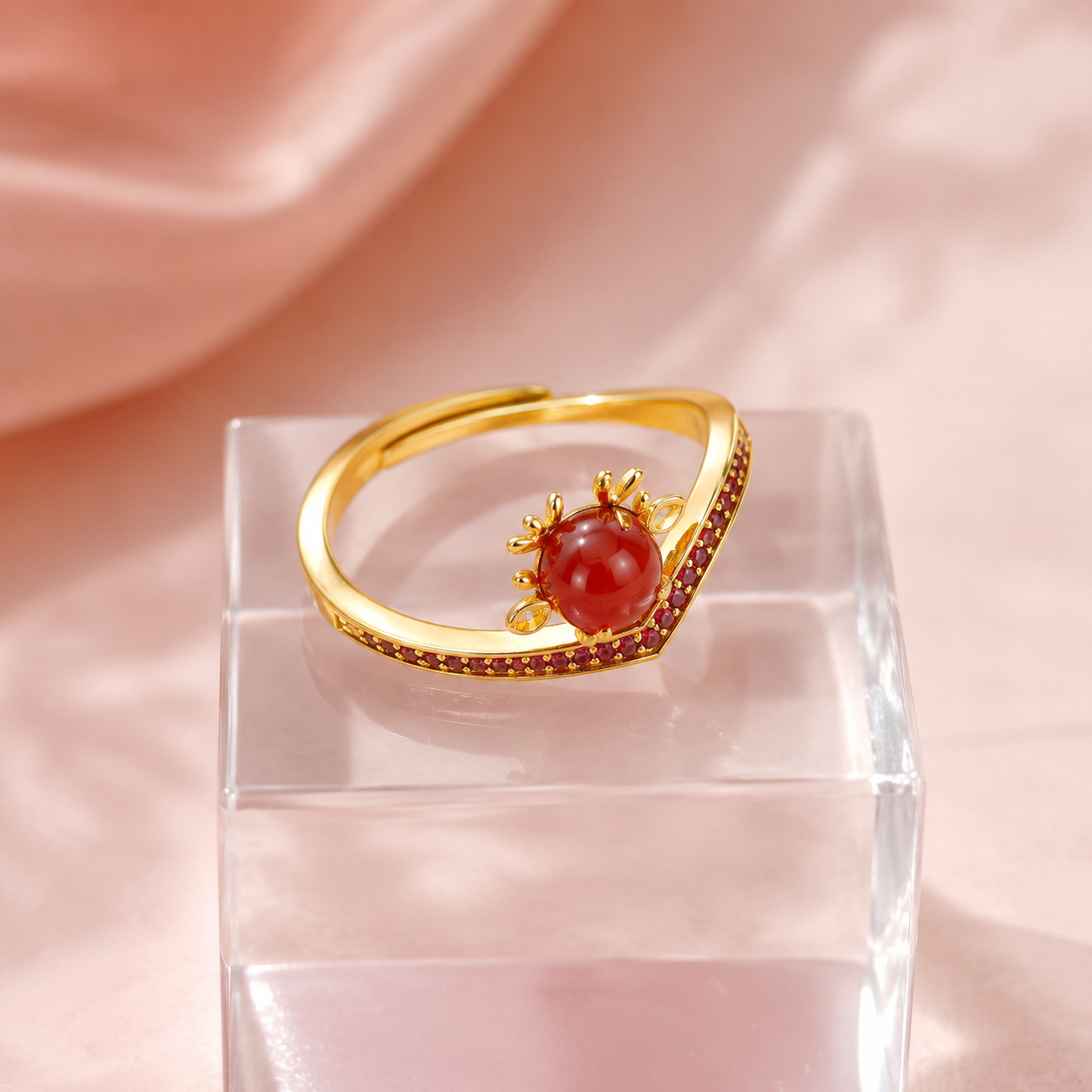 18K Gold Plated Red Agate Chevron Ring | Adjustable Pave Statement Band