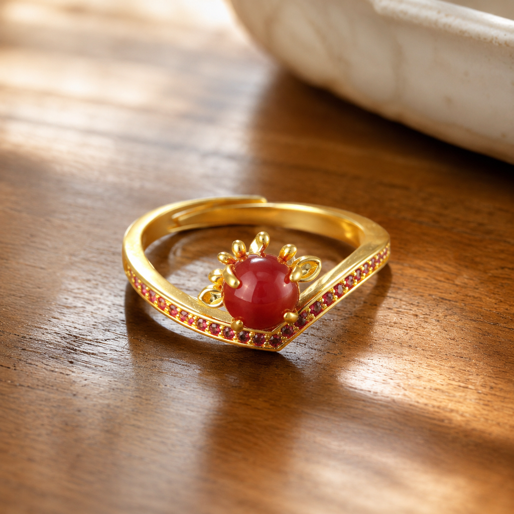 18K Gold Plated Red Agate Chevron Ring | Adjustable Pave Statement Band