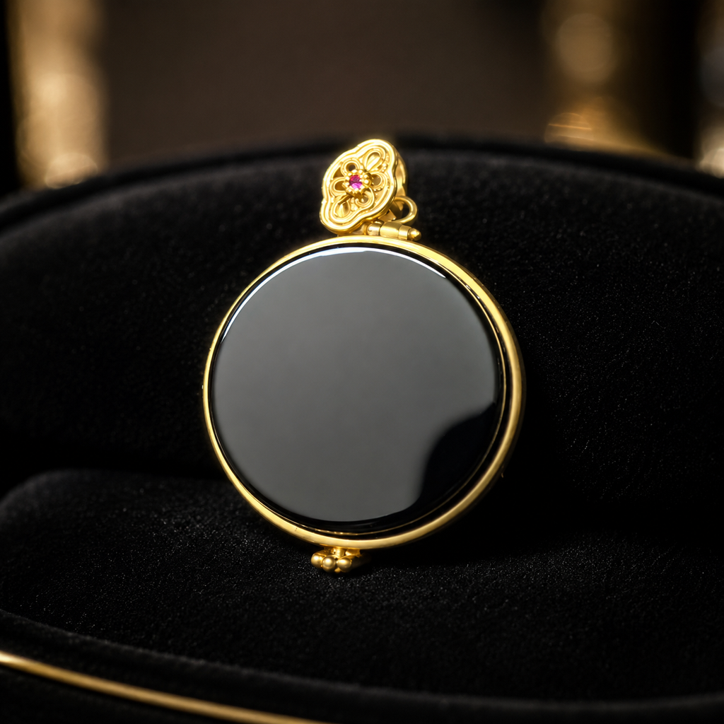 18K Gold Plated Black Agate Pendant Necklace | Round Vintage Filigree Locket