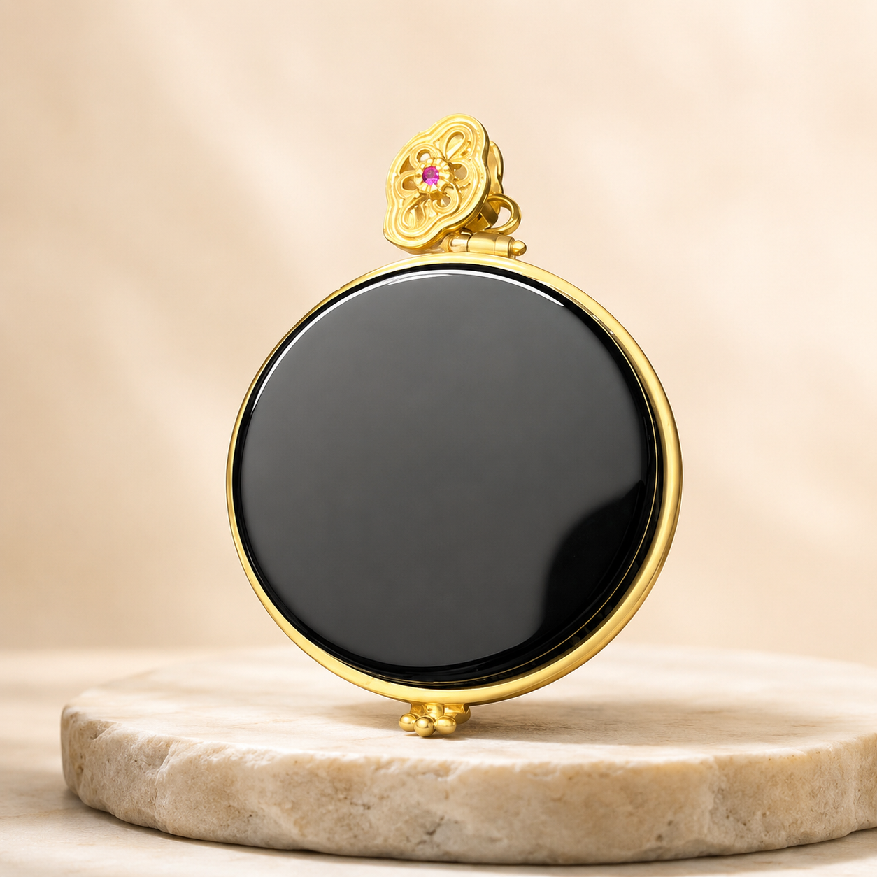 18K Gold Plated Black Agate Pendant Necklace | Round Vintage Filigree Locket