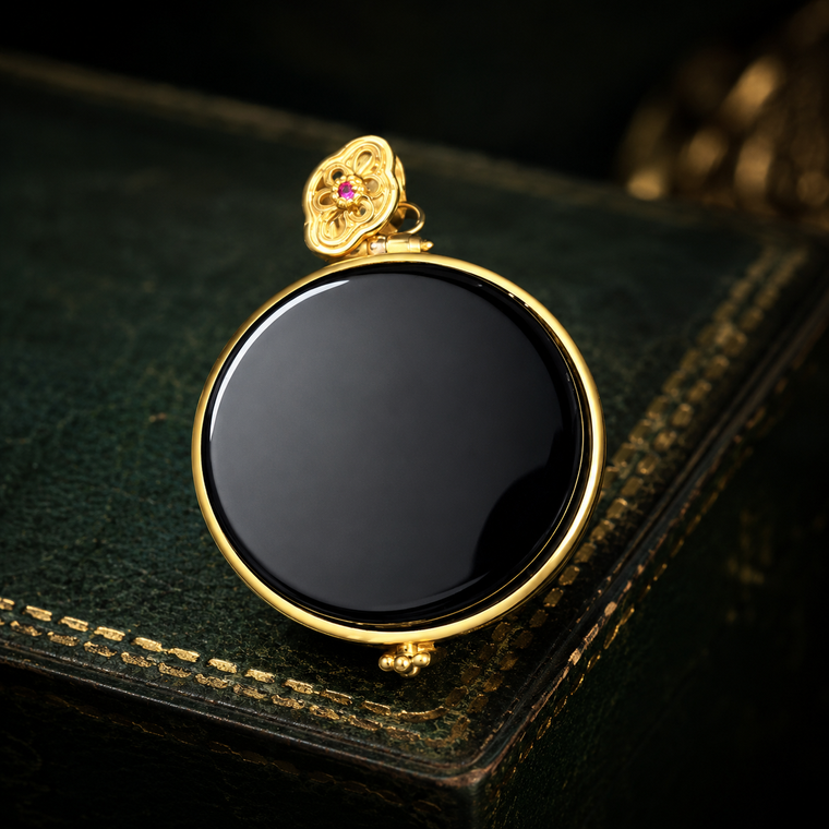 Black Agate Filigree Locket Pendant in 18K Gold-Plated Brass