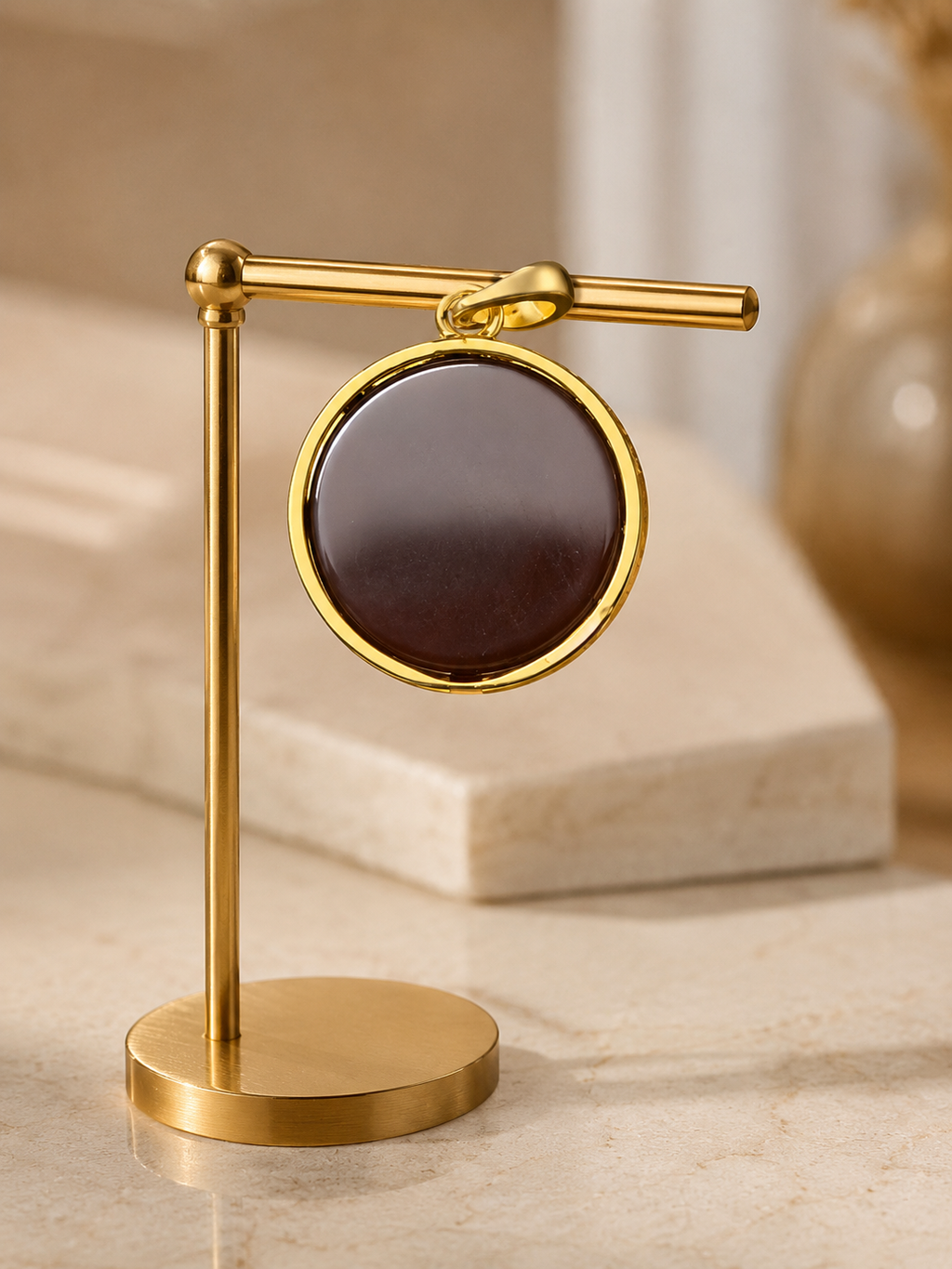 18K Gold Plated Natural Agate Pendant | Round Disc Minimalist Layering Charm