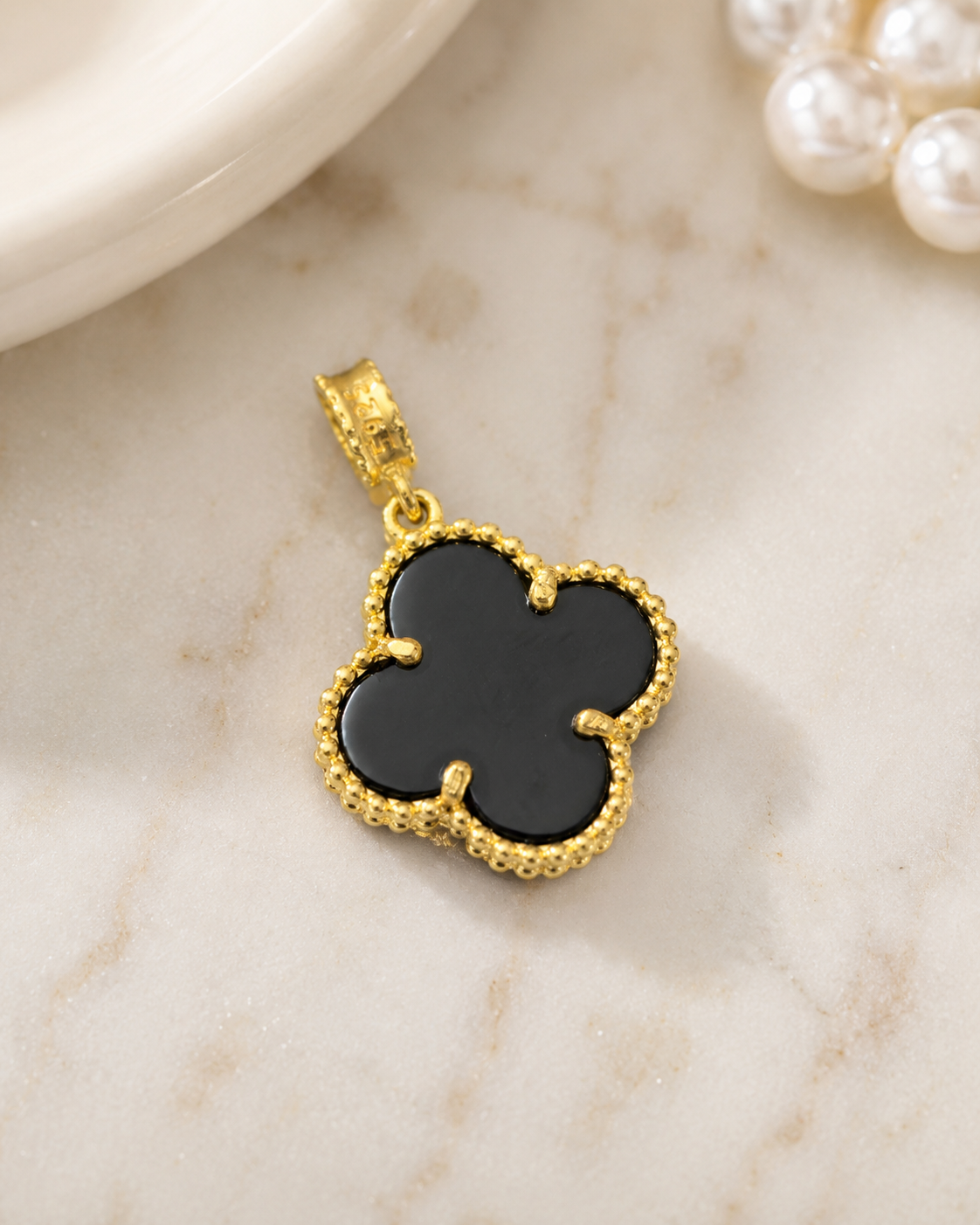18K Gold Plated Black Agate Clover Pendant | Lucky Four Leaf Layering Charm
