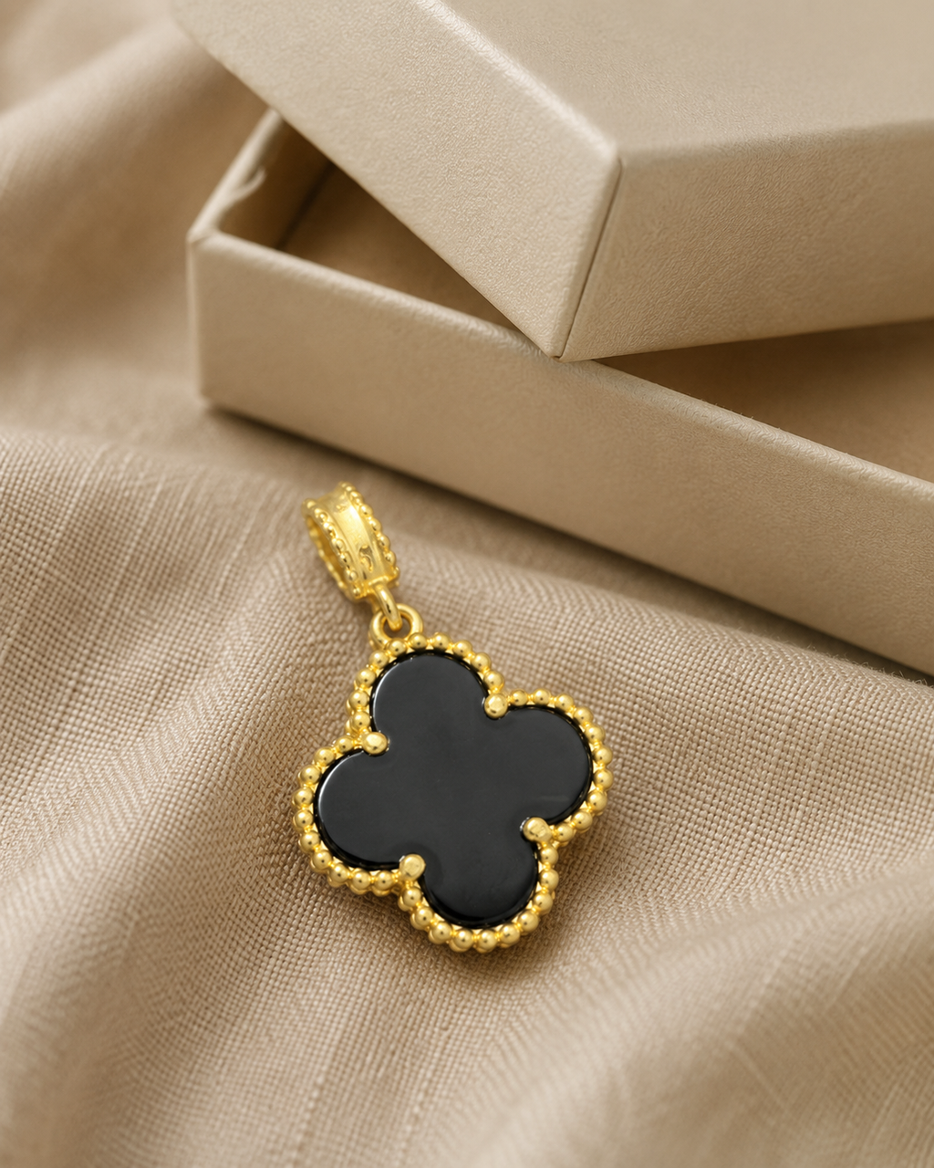 18K Gold Plated Black Agate Clover Pendant | Lucky Four Leaf Layering Charm