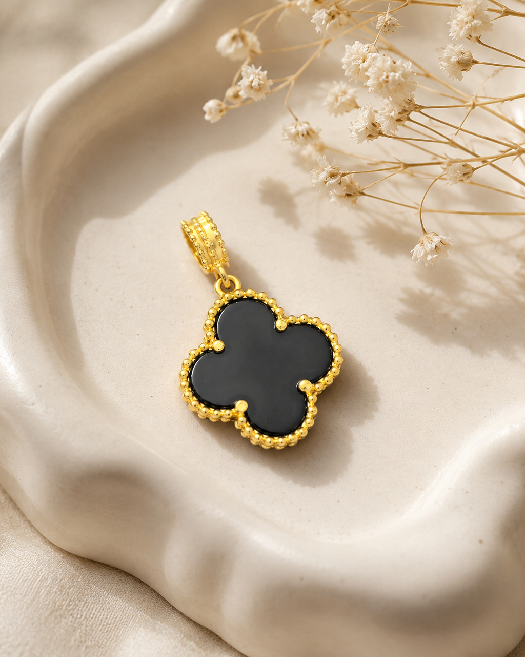 18K Gold Plated Black Agate Clover Pendant | Lucky Four Leaf Layering Charm