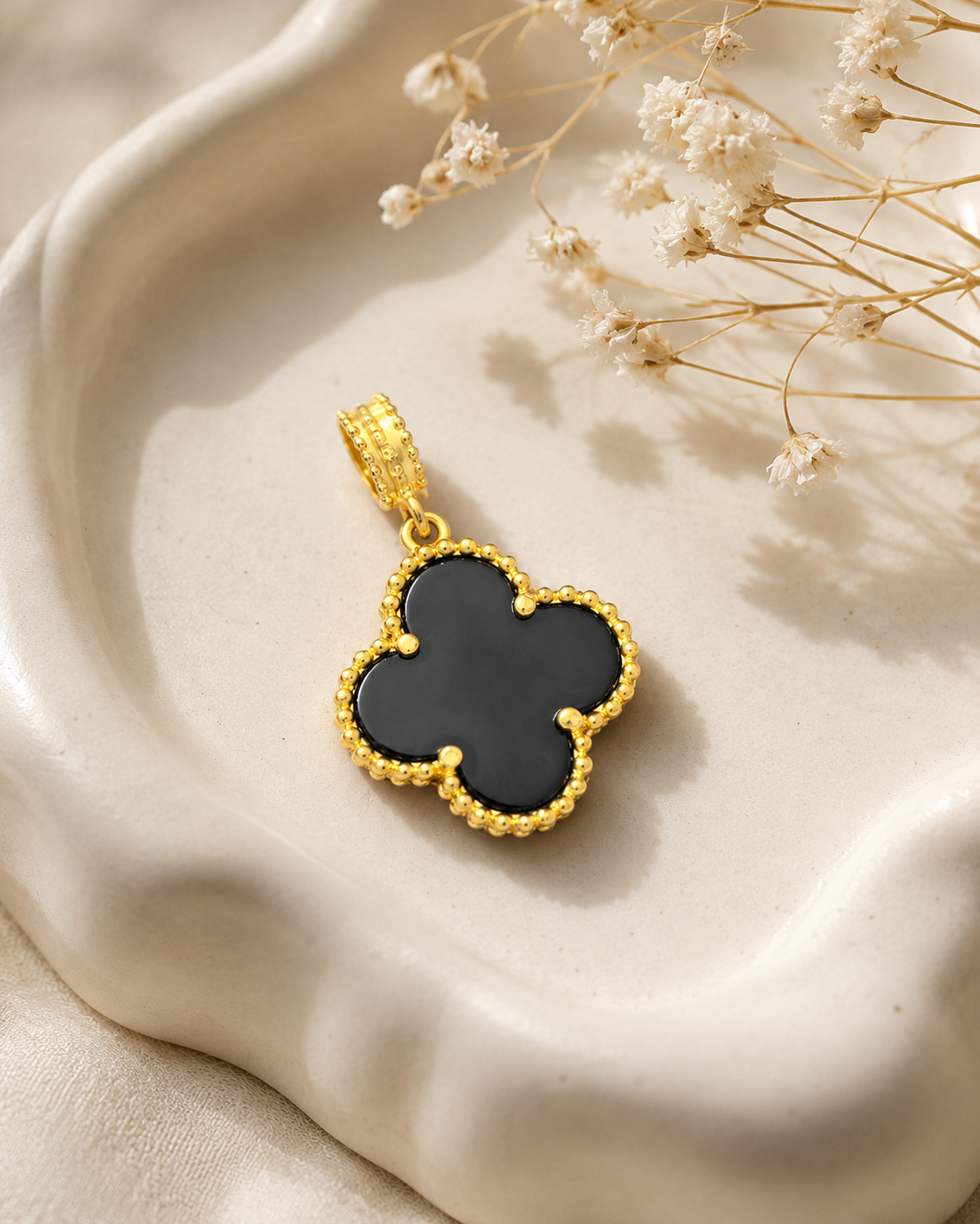 18K Gold Plated Black Agate Clover Pendant | Lucky Four Leaf Layering Charm