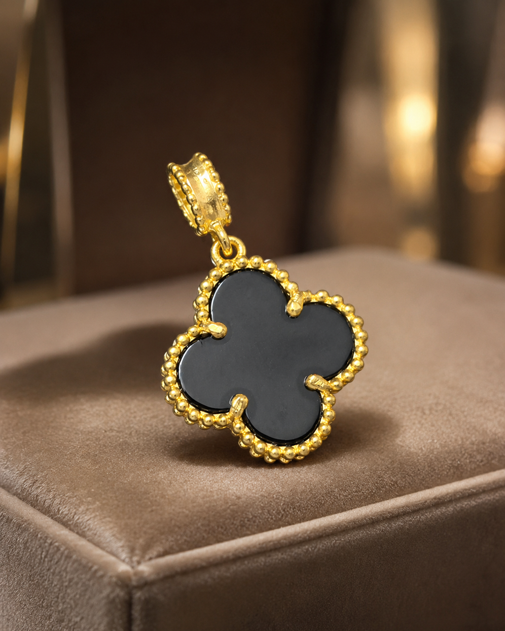 18K Gold Plated Black Agate Clover Pendant | Lucky Four Leaf Layering Charm