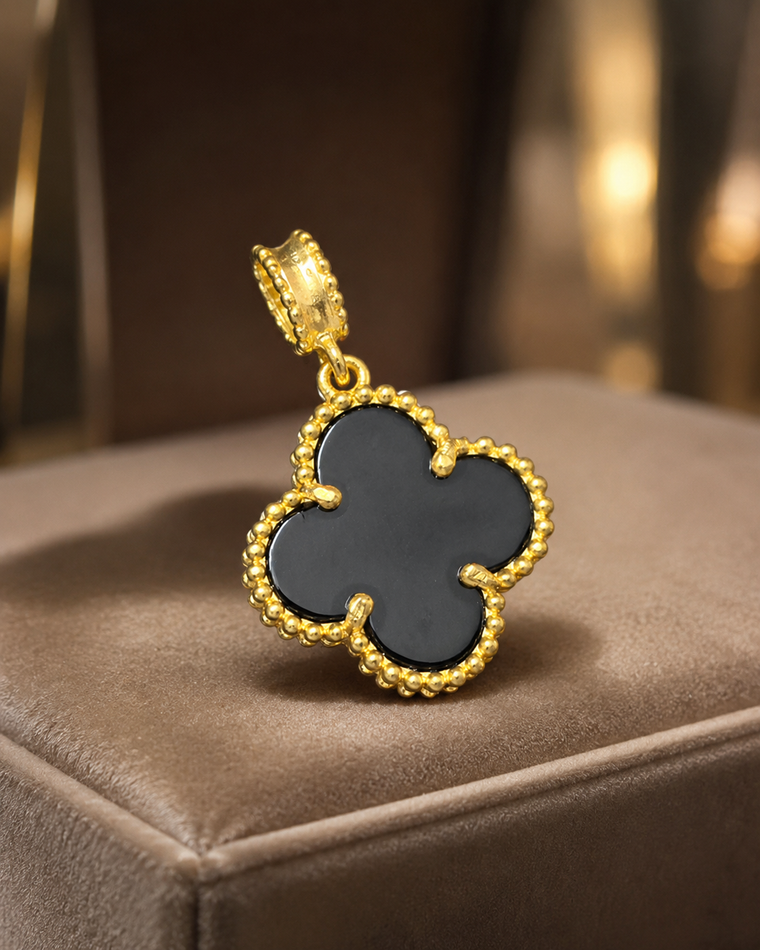 Black Agate Clover Pendant in 18K Gold-Plated Brass