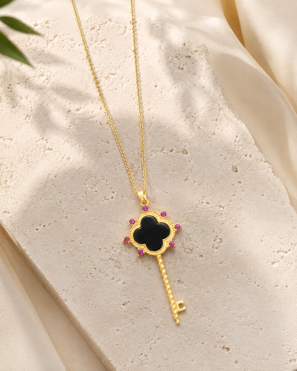 18K Gold Plated Black Agate Key Necklace | Lucky Clover Pendant for Women