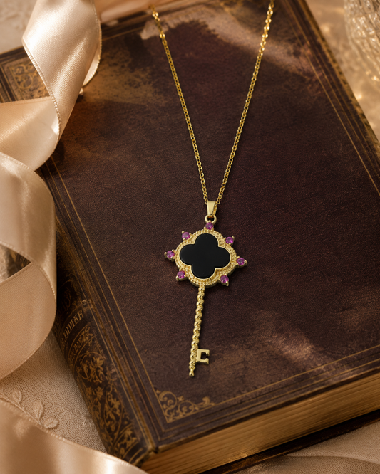 18K Gold Plated Black Agate Key Necklace | Lucky Clover Pendant for Women