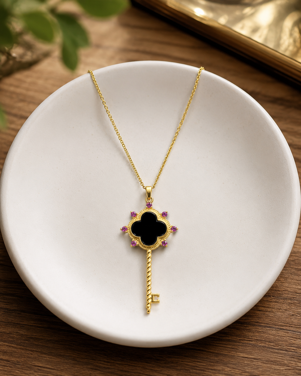 18K Gold Plated Black Agate Key Necklace | Lucky Clover Pendant for Women