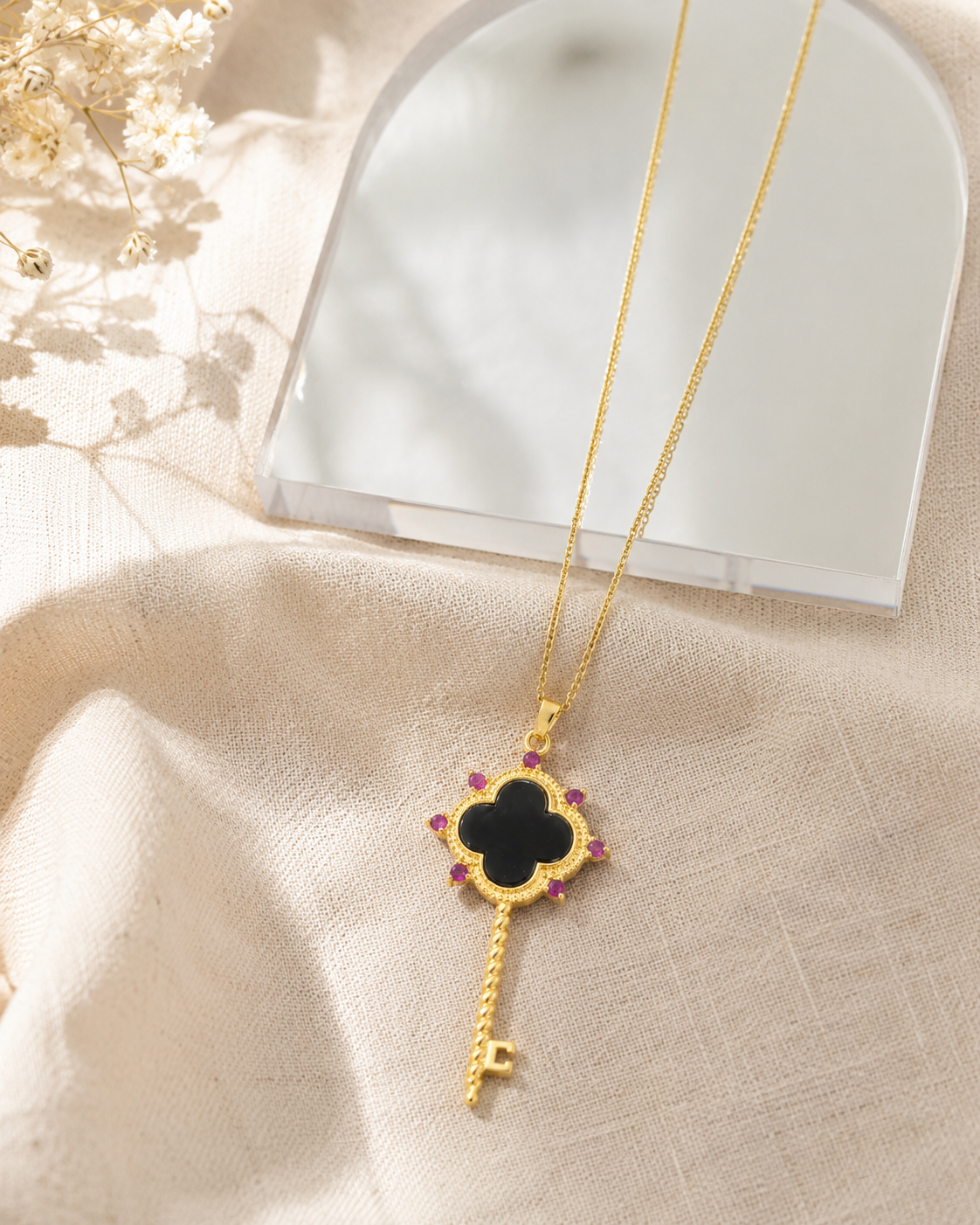 18K Gold Plated Black Agate Key Necklace | Lucky Clover Pendant for Women