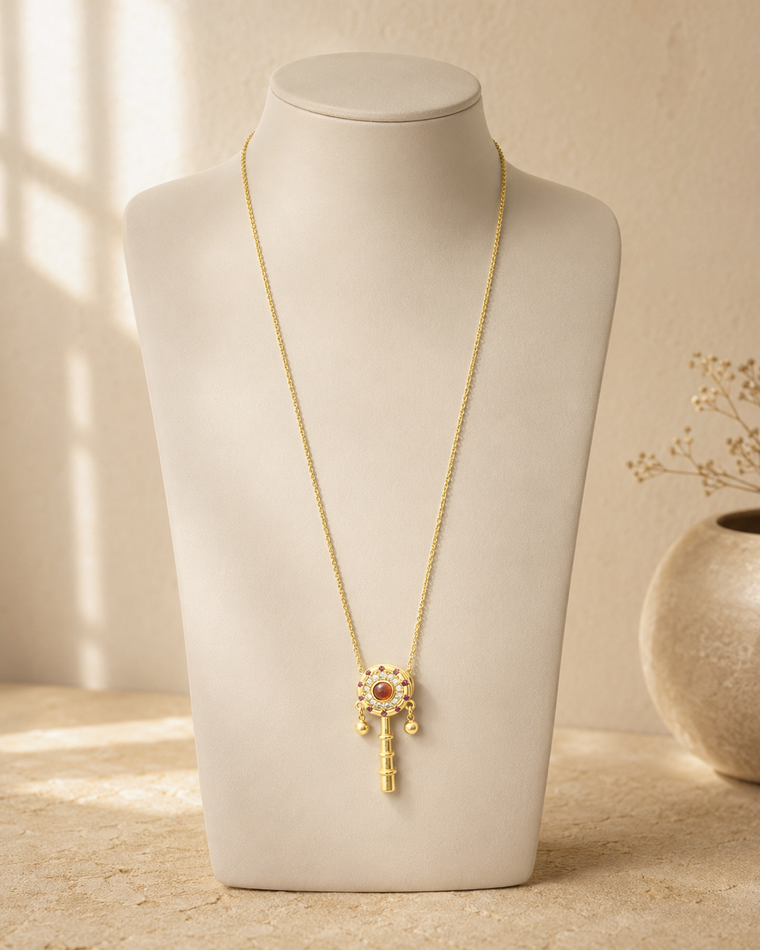 Red Agate Key Necklace in 18K Gold-Plated Brass