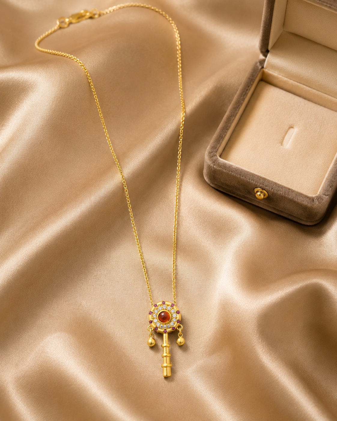 Red Agate Key Necklace in 18K Gold-Plated Brass