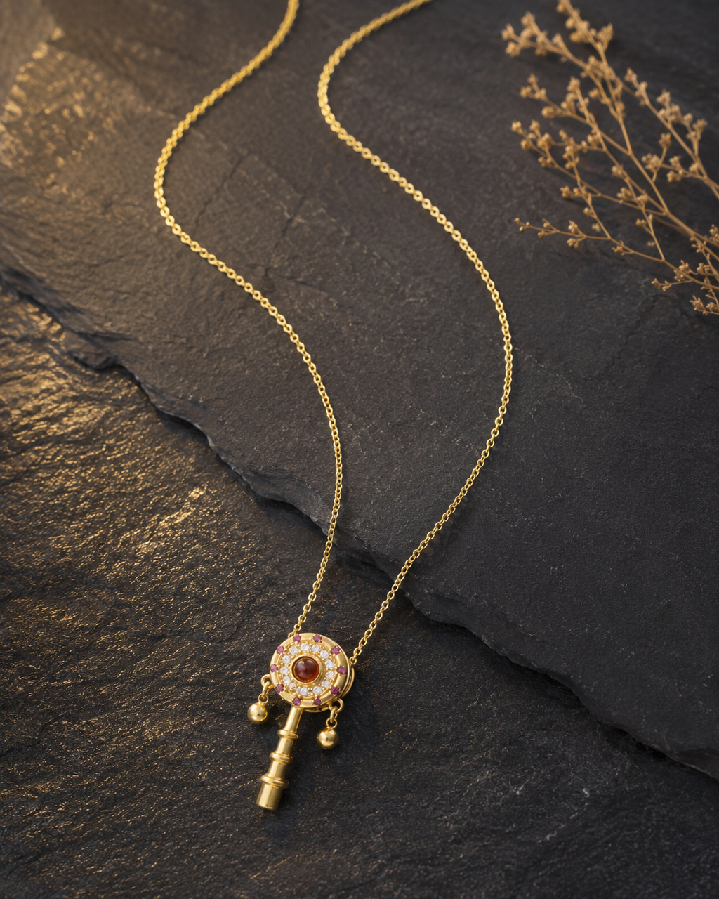 18K Gold Plated Red Agate Key Necklace | Vintage Dainty Pendant for Women