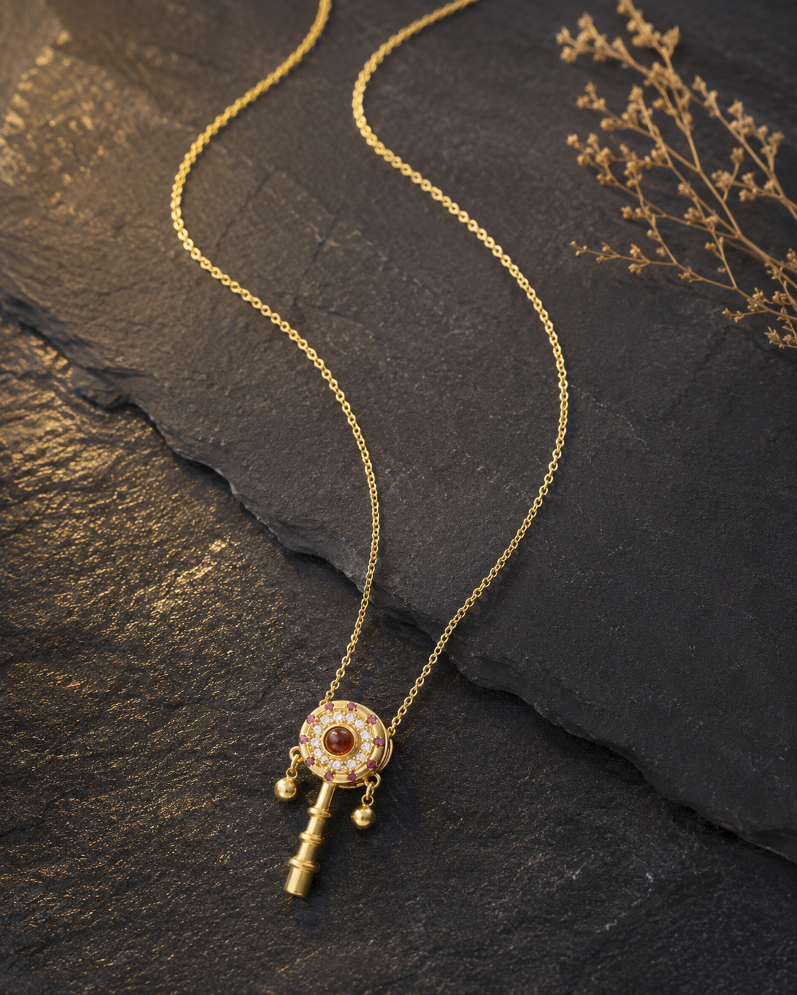 18K Gold Plated Red Agate Key Necklace | Vintage Dainty Pendant for Women