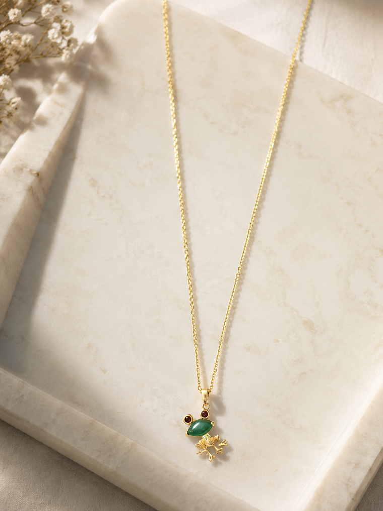 Green & Red Agate Frog Necklace in 18K Gold-Plated Brass