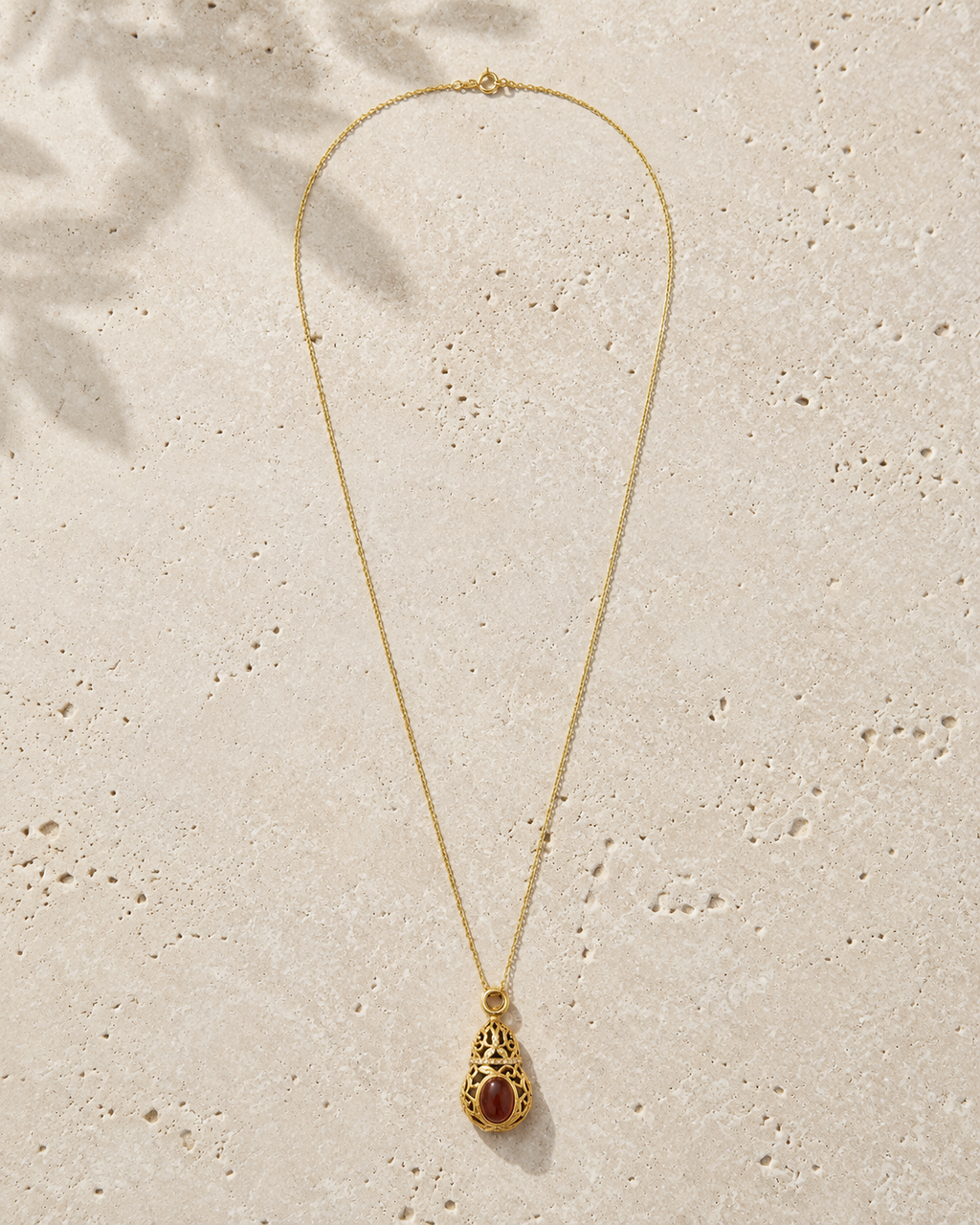 18K Gold Plated Red Agate Gourd Necklace | Hollow Filigree Hulu Pendant