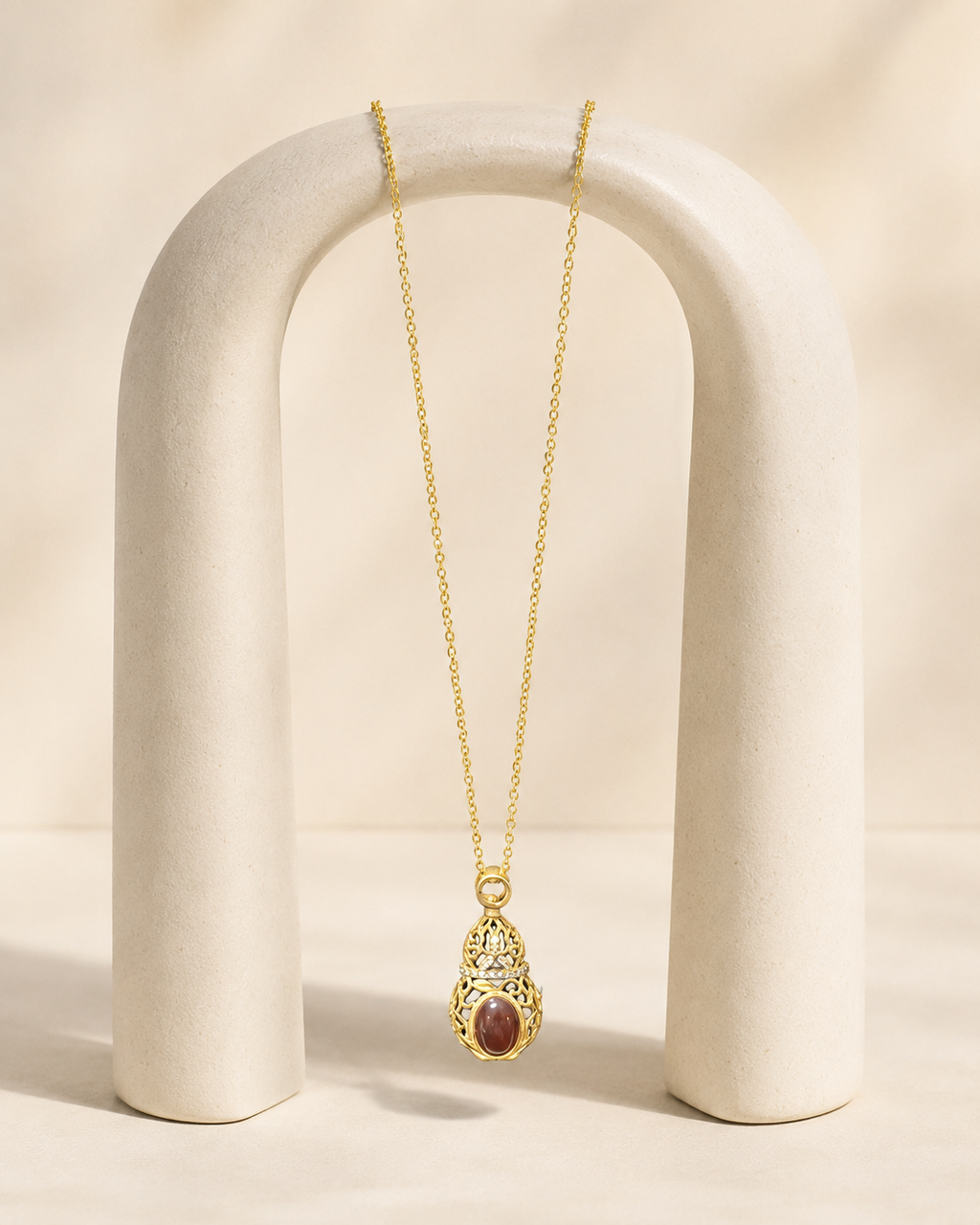 18K Gold Plated Red Agate Gourd Necklace | Hollow Filigree Hulu Pendant