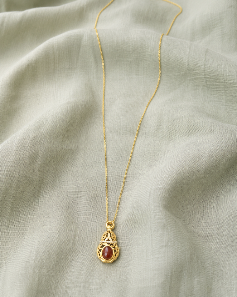 Red Agate Gourd Filigree Necklace in 18K Gold-Plated Brass
