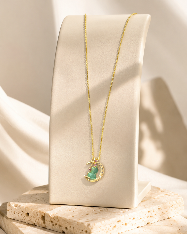 Green Agate Gourd Crescent Necklace in 18K Gold-Plated Brass