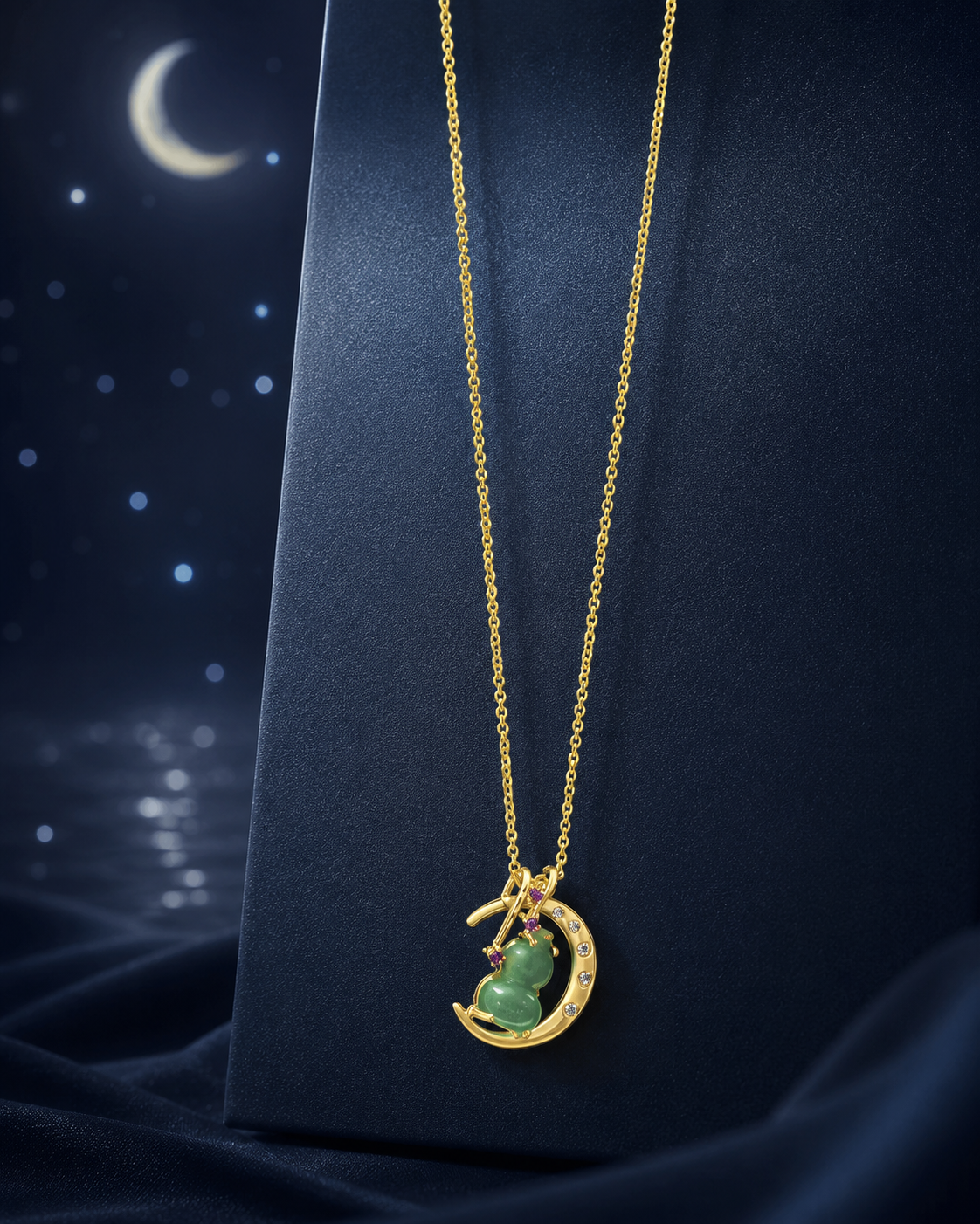 18K Gold Plated Green Agate Gourd Necklace | Crescent Moon Dainty Pendant for Women