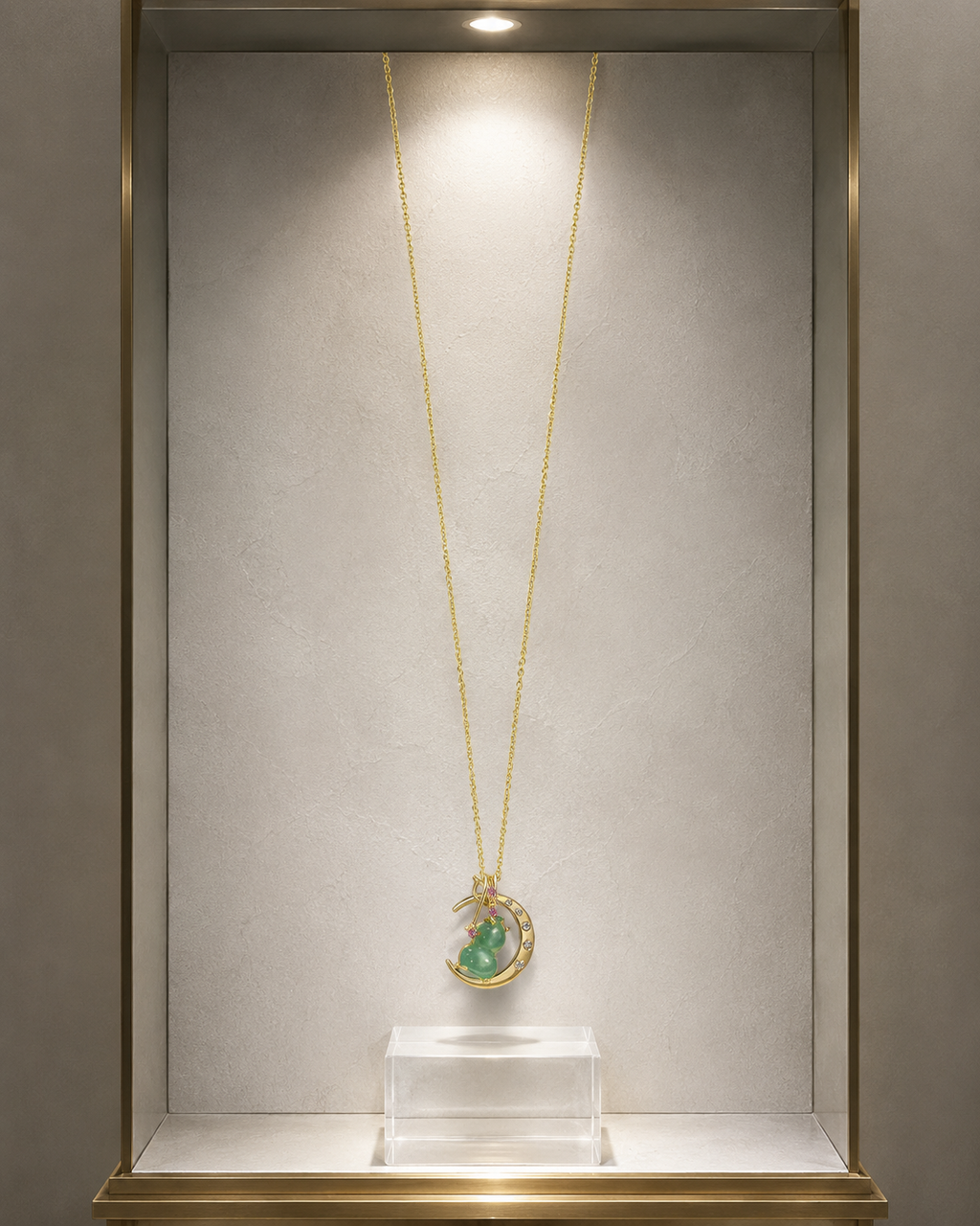 18K Gold Plated Green Agate Gourd Necklace | Crescent Moon Dainty Pendant for Women