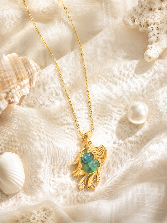 18K Gold Plated Green Agate Phoenix Necklace | Gourd Hulu Statement Pendant