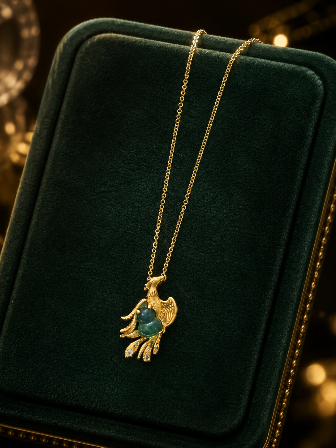 18K Gold Plated Green Agate Phoenix Necklace | Gourd Hulu Statement Pendant
