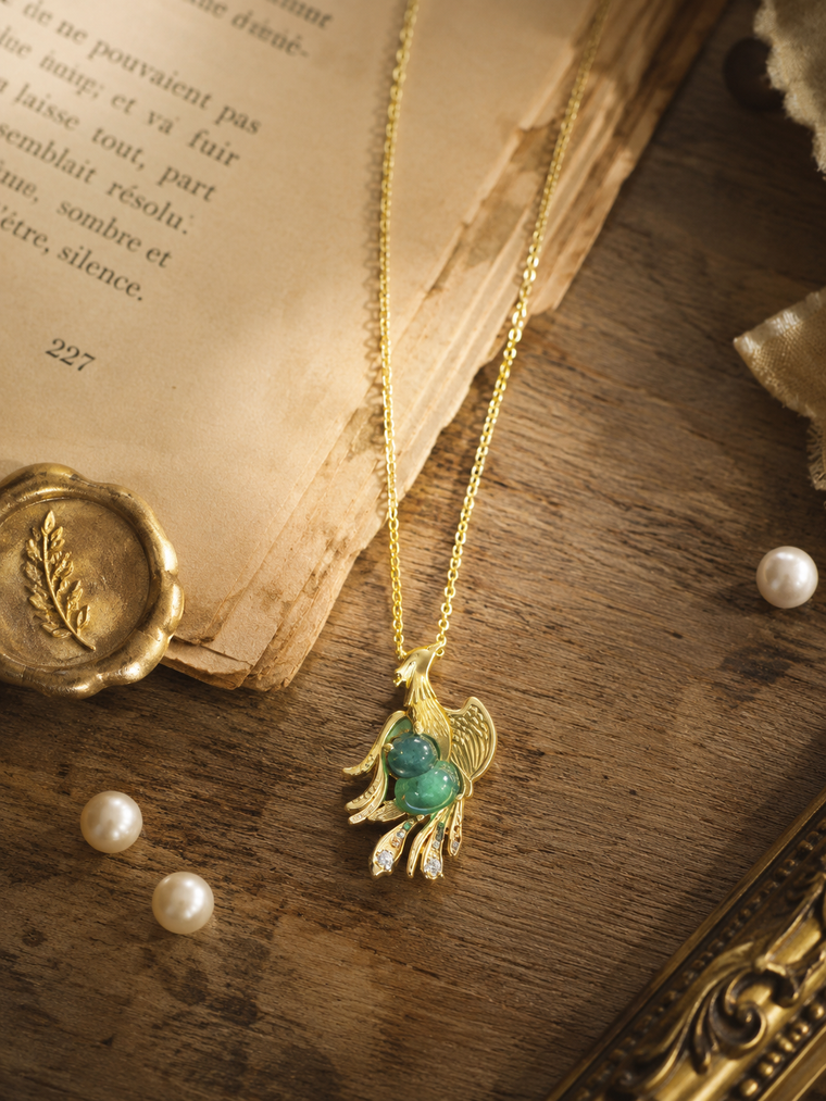Green Agate Phoenix Gourd Necklace in 18K Gold-Plated Brass