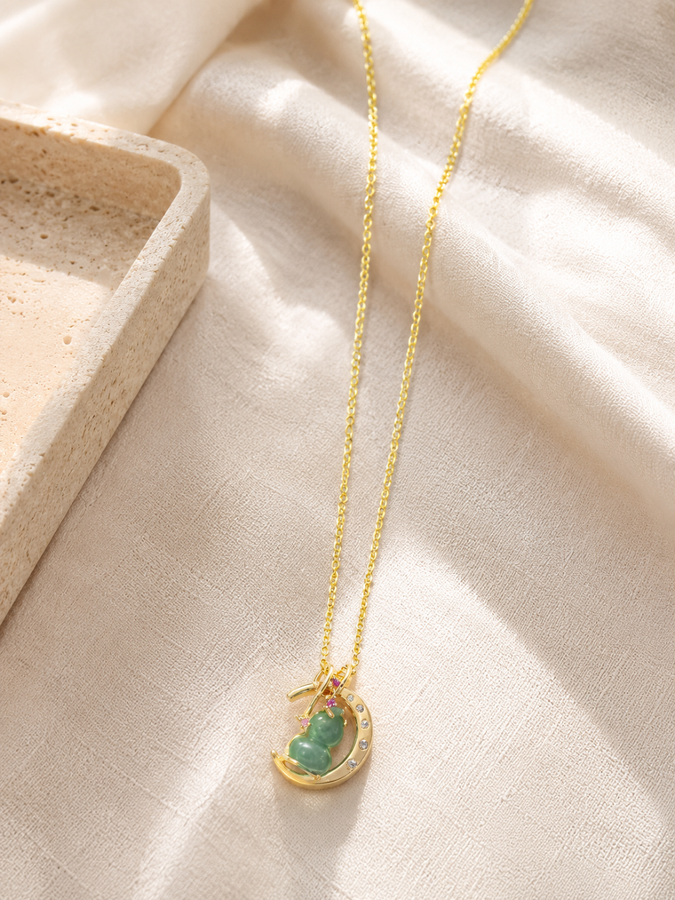 Green Agate Gourd Crescent Necklace in 18K Gold-Plated Brass