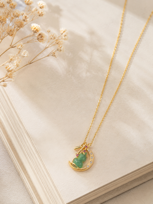 18K Gold Plated Green Agate Gourd Necklace | Crescent Moon Dainty Pendant for Women