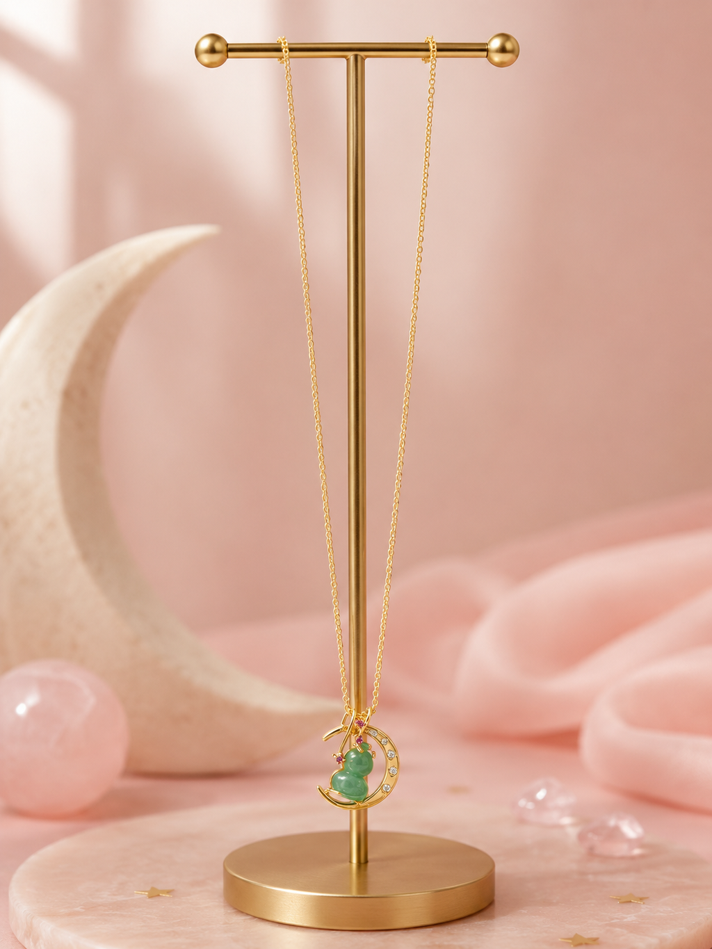 18K Gold Plated Green Agate Gourd Necklace | Crescent Moon Dainty Pendant for Women
