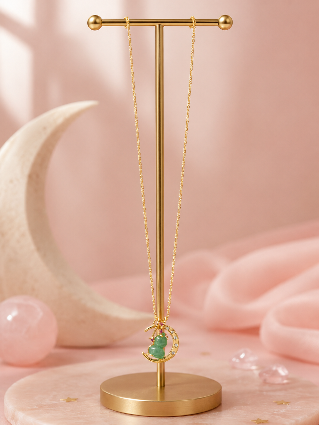 18K Gold Plated Green Agate Gourd Necklace | Crescent Moon Dainty Pendant for Women