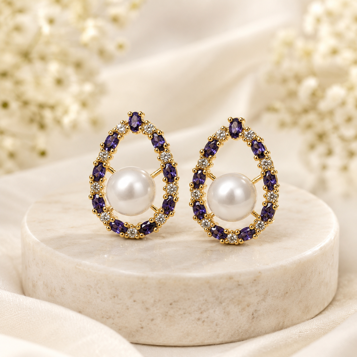 Purple CZ Pearl Studs - Oval Halo
