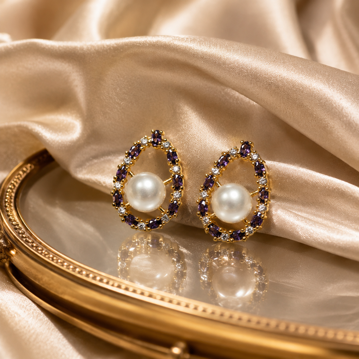 Purple CZ Pearl Studs - Oval Halo