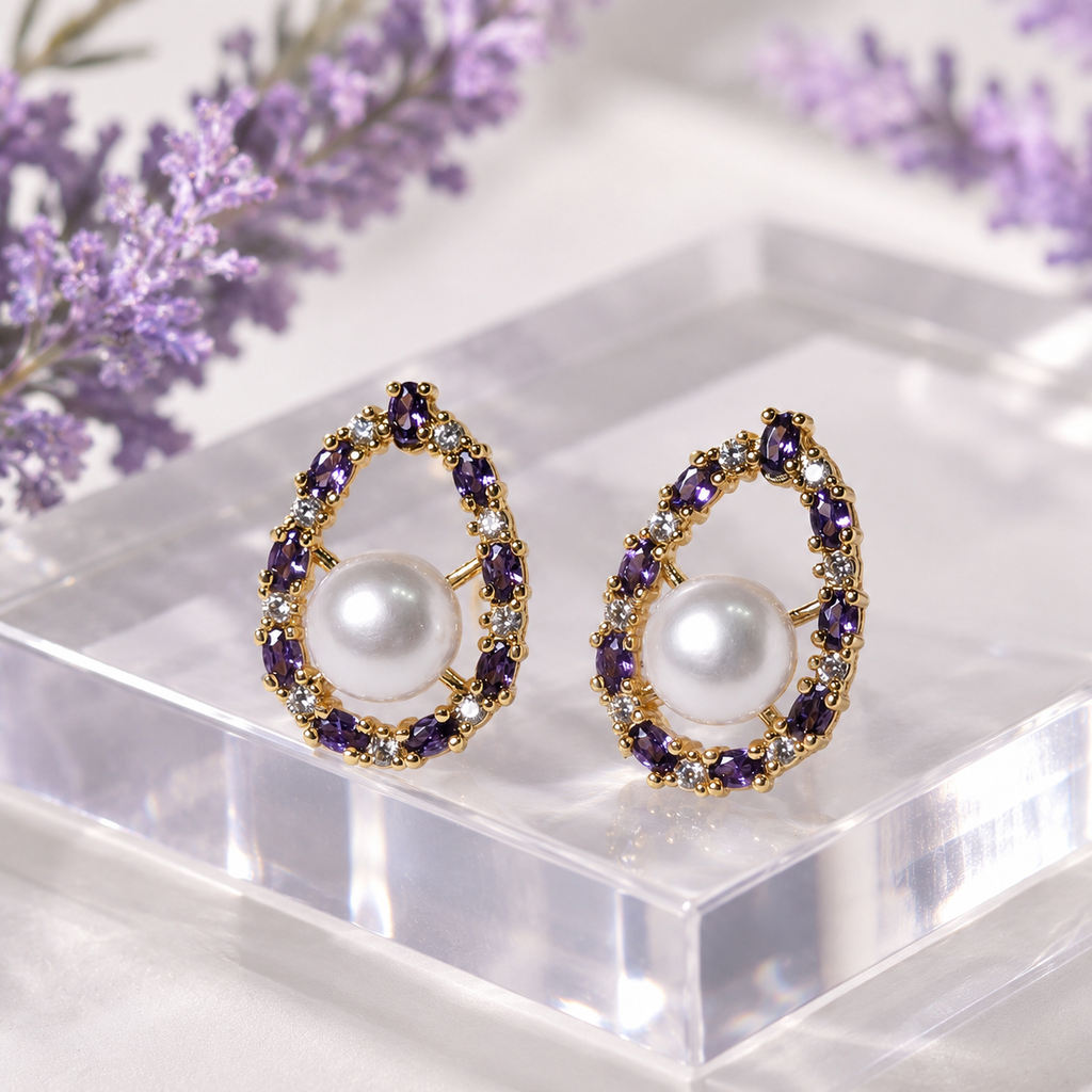 Purple CZ Pearl Studs - Oval Halo