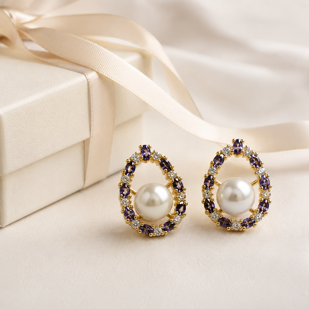 Purple CZ Pearl Studs - Oval Halo