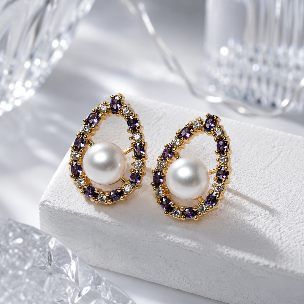 Purple CZ Pearl Studs - Oval Halo