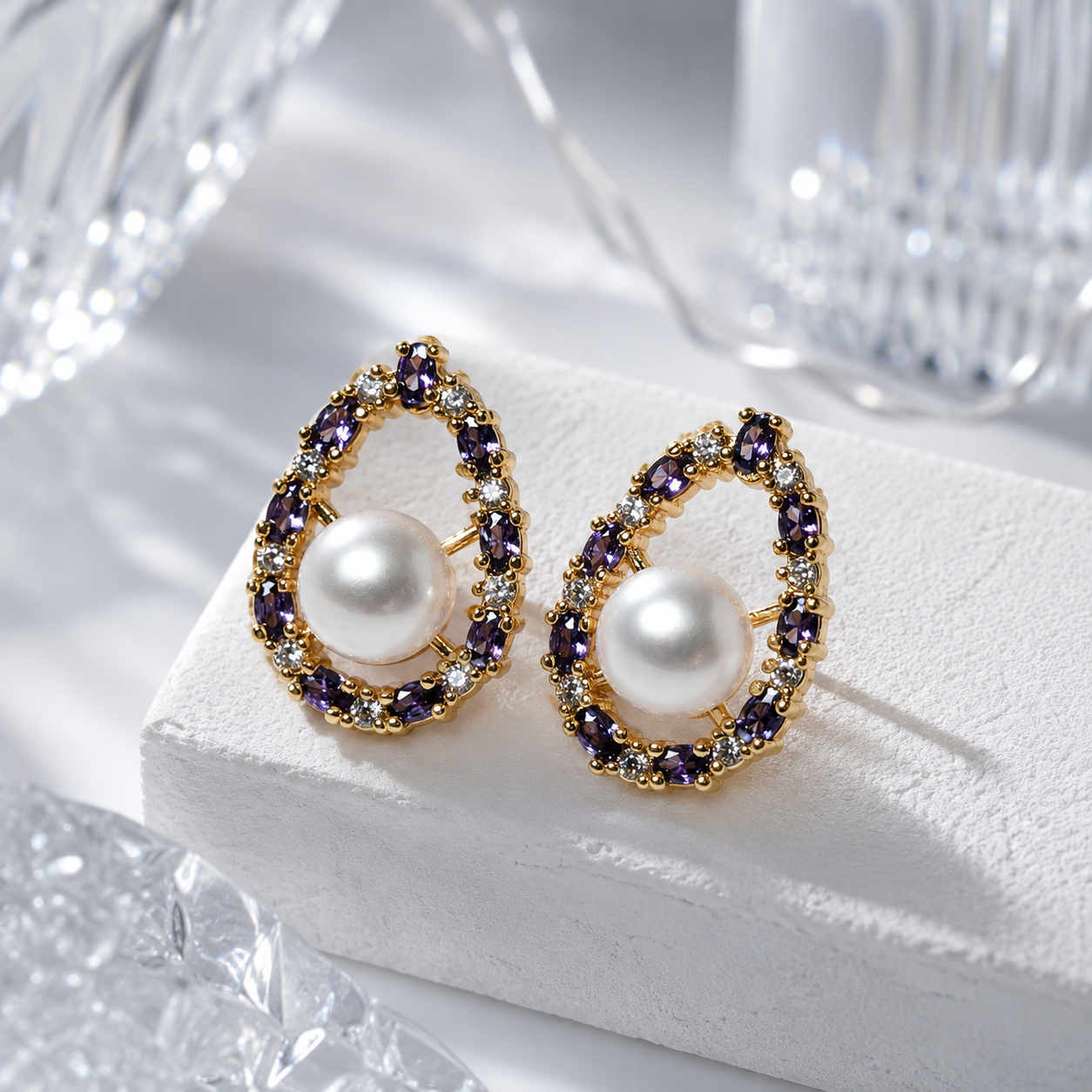 Purple CZ Pearl Studs - Oval Halo