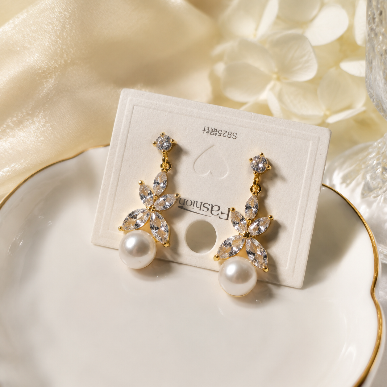 Sterling Silver Floral Pearl Drops