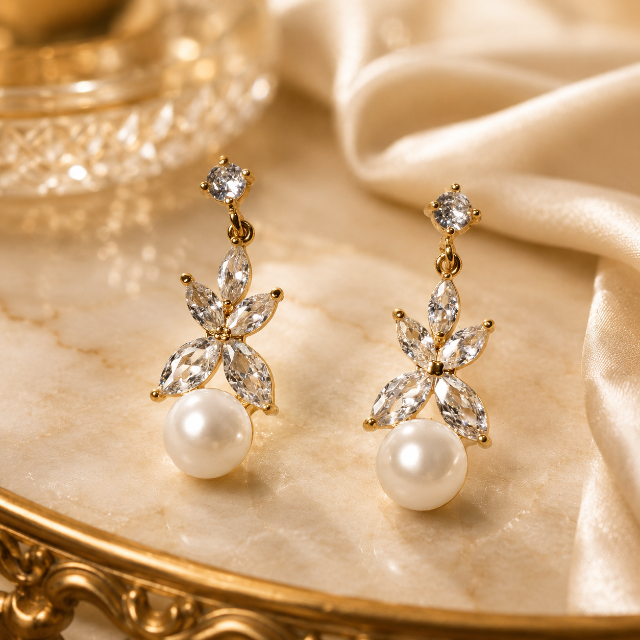 Sterling Silver Floral Pearl Drops