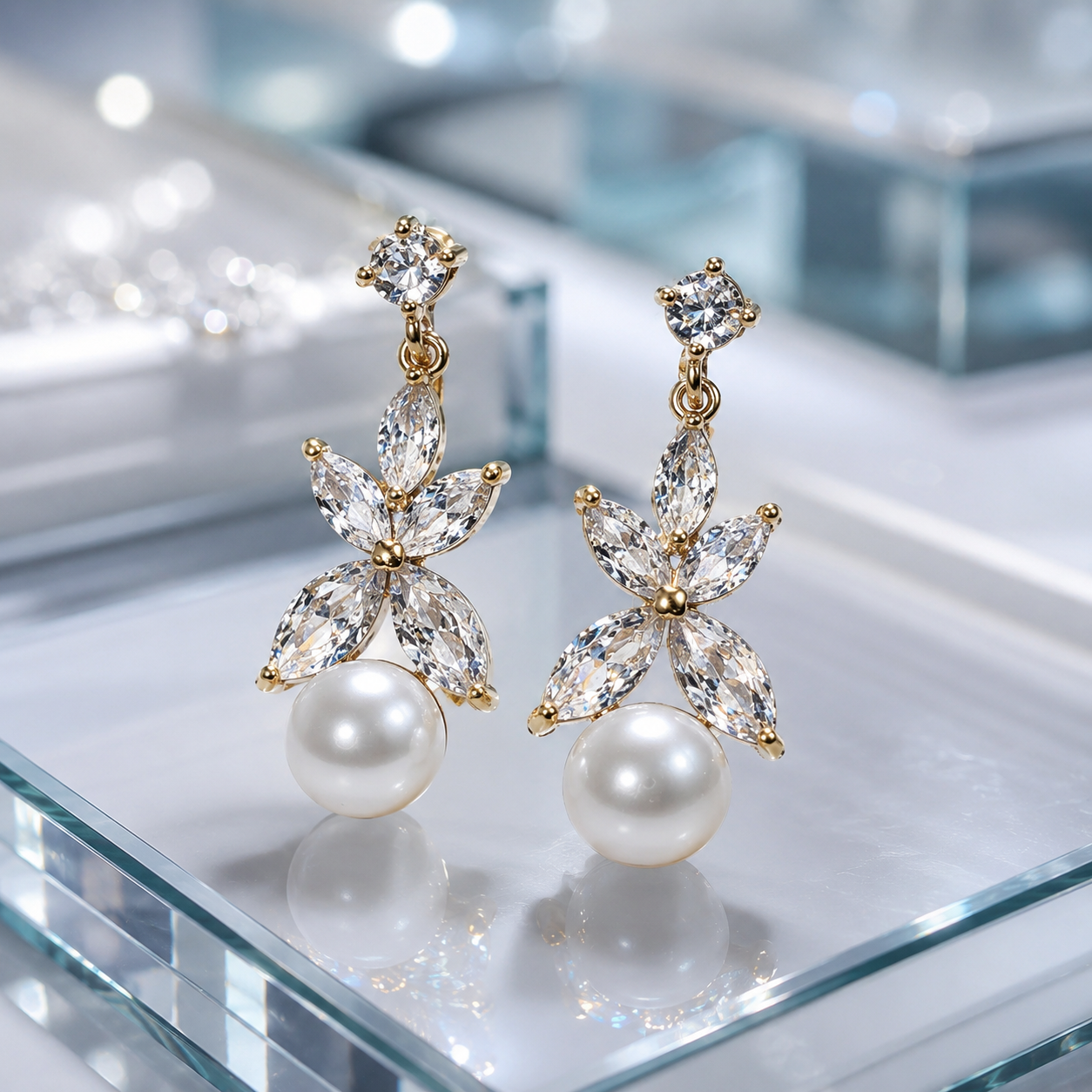 Sterling Silver Floral Pearl Drops