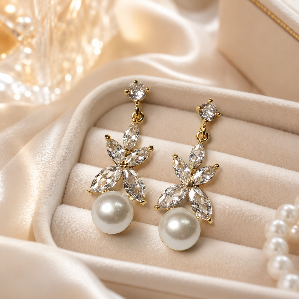 Sterling Silver Floral Pearl Drops