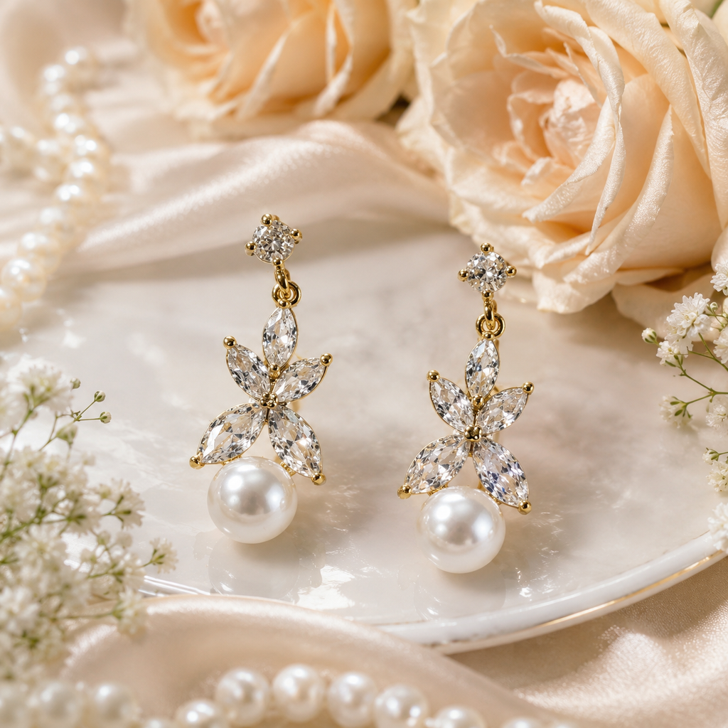 Sterling Silver Floral Pearl Drops