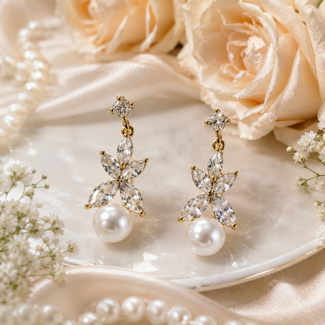 Sterling Silver Floral Pearl Drops