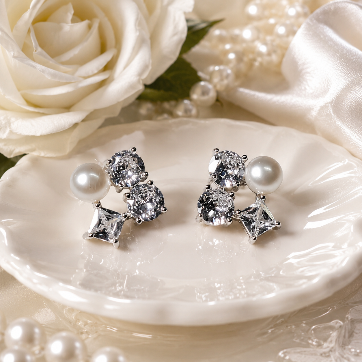 Silver Tone Cluster Pearl Studs