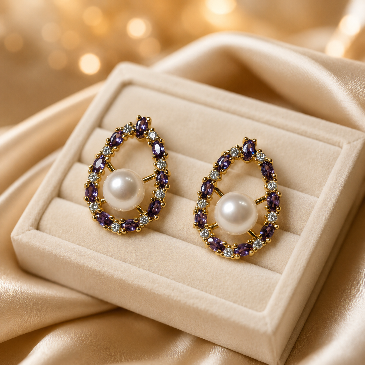 Purple CZ Pearl Studs - Marquise