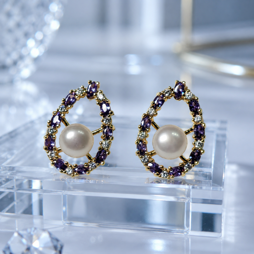 Purple CZ Pearl Studs - Marquise