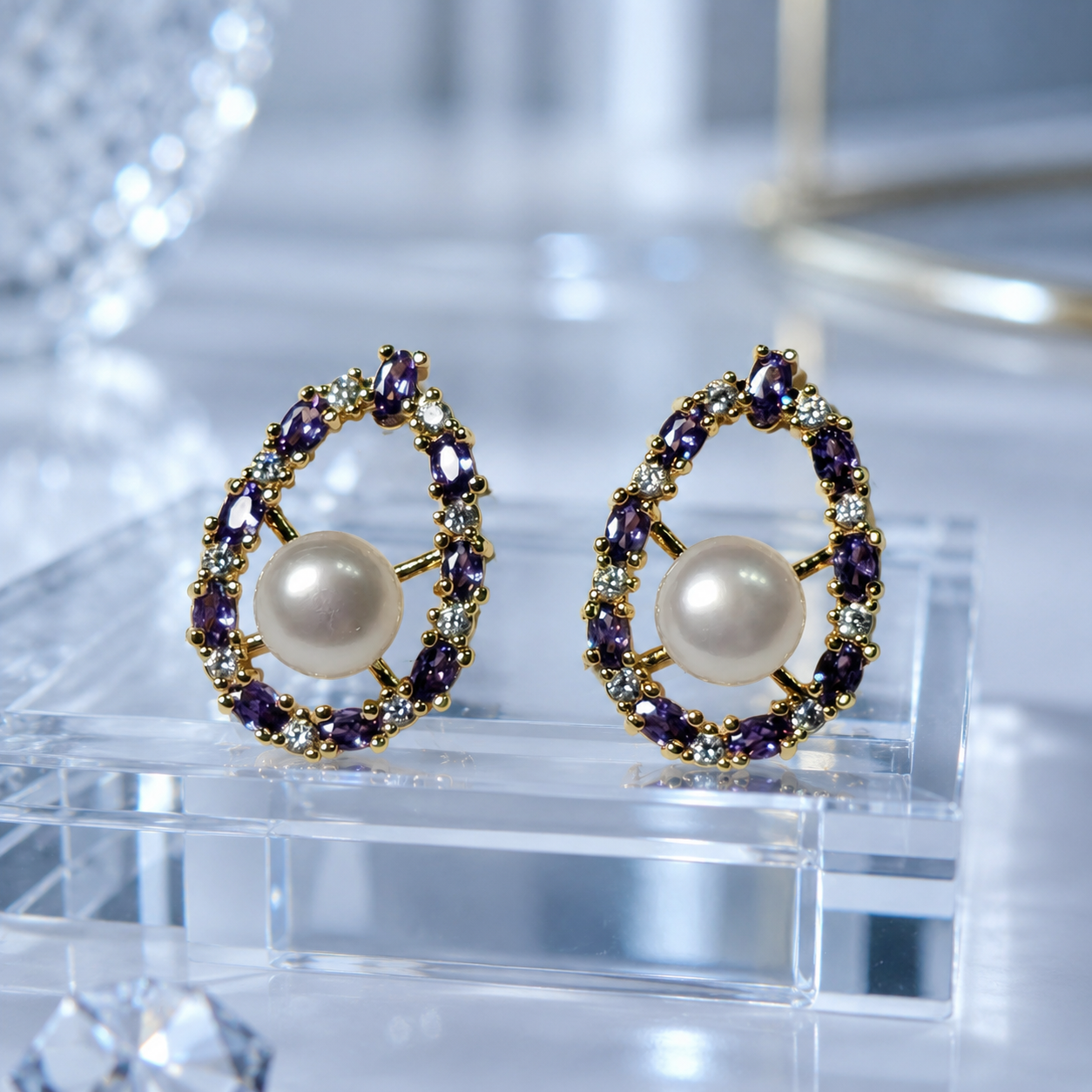 Purple CZ Pearl Studs - Marquise